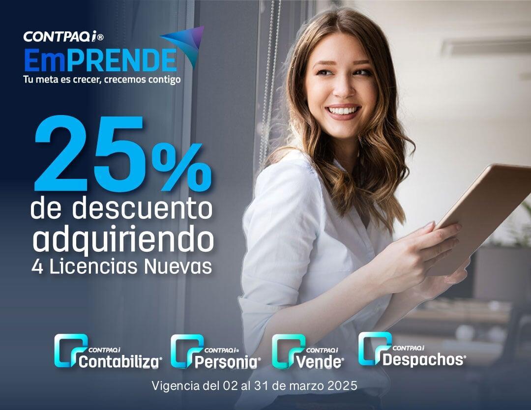 hasta 25 de descuento adquitiriendo 4 licencias nuevas con CONTPAQi Emprende