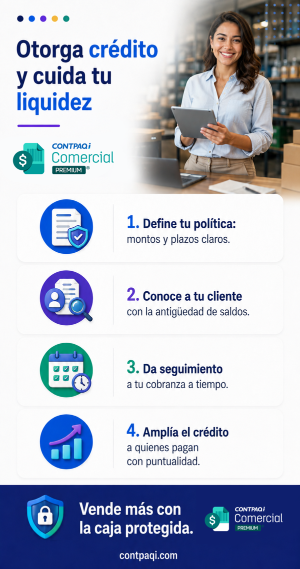 Otorga crédito y cuida tu liquidez  1. Define tu política: montos y plazos claros.  2. Conoce a tu cliente con la antigüedad de saldos.  3. Da seguimiento a tu cobranza a tiempo.  4. Amplía el crédito a quienes pagan con puntualidad.  Vende más con la caja protegida.  CONTPAQi Comercial Premium® contpaqi.com