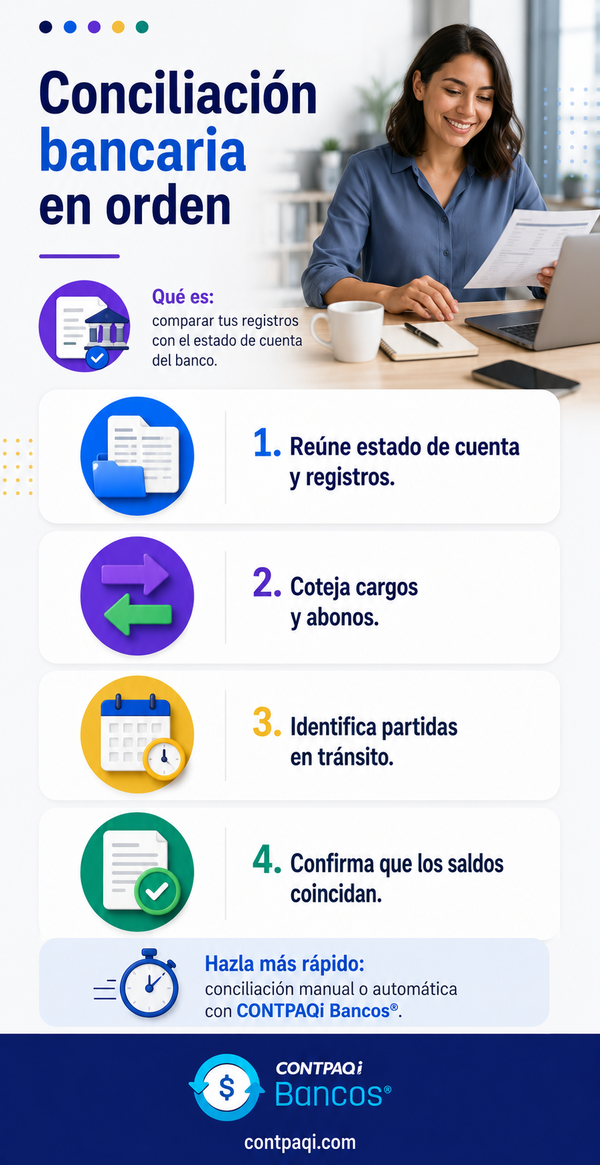 Conciliación bancaria en orden Qué es: comparar tus registros con el estado de cuenta del banco. Pasos: 1) Reúne estado de cuenta y registros. 2) Coteja cargos y abonos. 3) Identifica partidas en tránsito. 4) Confirma que los saldos coincidan. Hazla más rápido: conciliación manual o automática con CONTPAQi Bancos®. contpaqi.com
