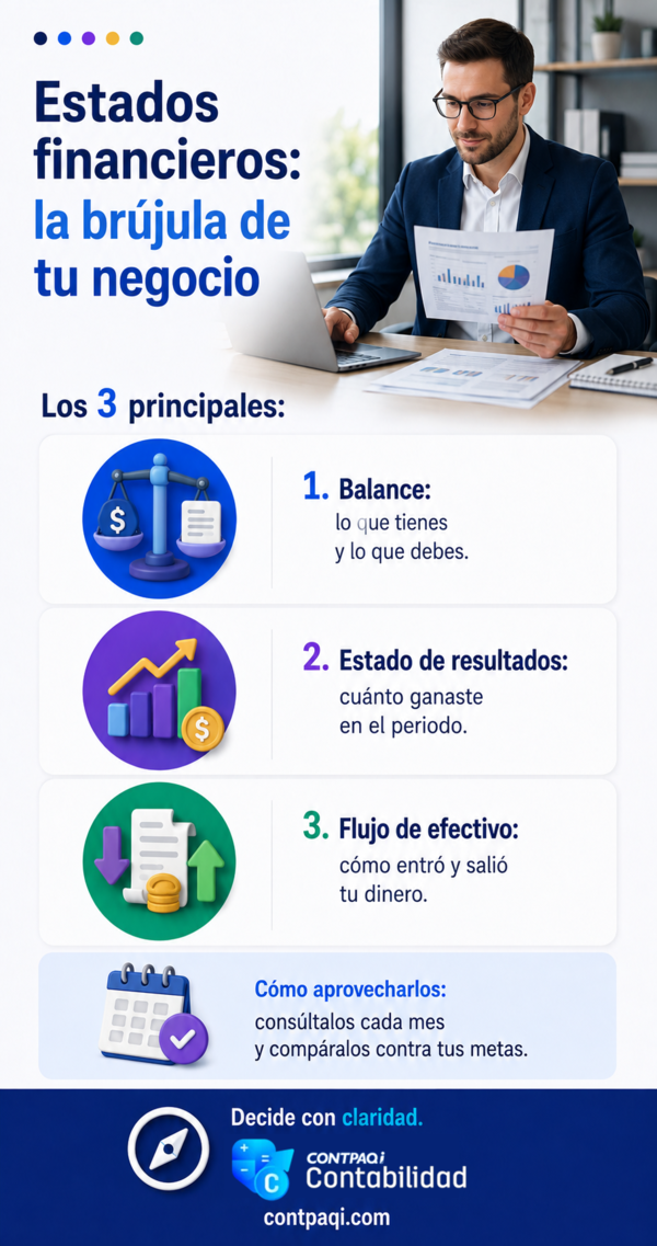 Estados financieros: la brújula de tu negocio Los 3 principales: 1. Balance: lo que tienes y lo que debes. 2. Estado de resultados: cuánto ganaste en el periodo. 3. Flujo de efectivo: cómo entró y salió tu dinero. C Cómo aprovecharlos: consúltalos cada mes y compáralos contra tus metas. Decide con claridad. CONTPAQi Contabilidad® contpaqi.com