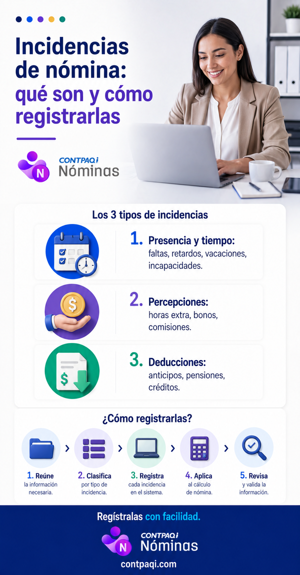 Incidencias de nómina: qué son y cómo registrarlas  Los 3 tipos: 1. Presencia y tiempo: faltas, retardos, vacaciones, incapacidades.  2. Percepciones: horas extra, bonos, comisiones.  3. Deducciones: anticipos, pensiones, créditos.  Cómo registrarlas: reúne, clasifica, registra, aplica al cálculo y revisa.  Regístralas con facilidad. CONTPAQi Nóminas®  contpaqi.com