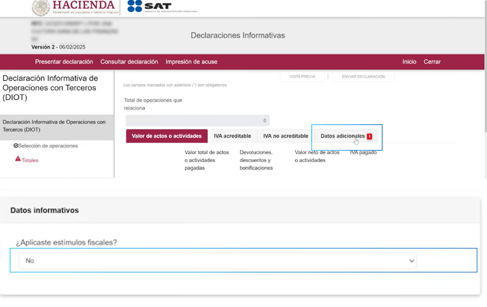 Datos adicionales para la presentación de la DIOT
