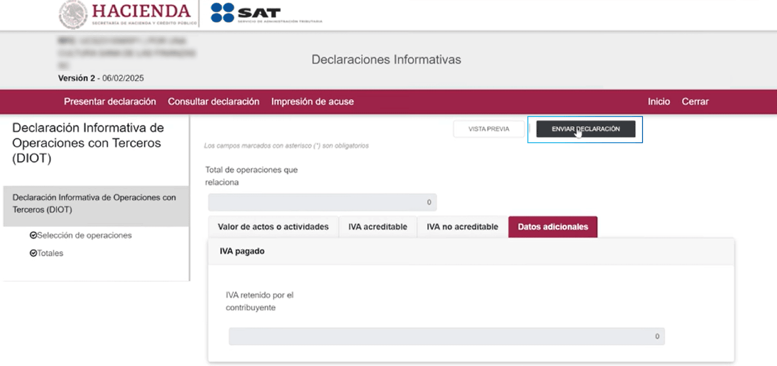 Enviar DIOT sin operaciones desde plataforma del SAT